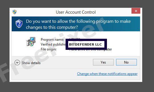Screenshot where BITDEFENDER LLC appears as the verified publisher in the UAC dialog